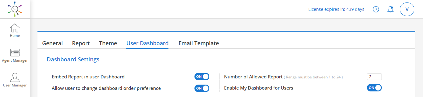 User Dashboard Tab Settings