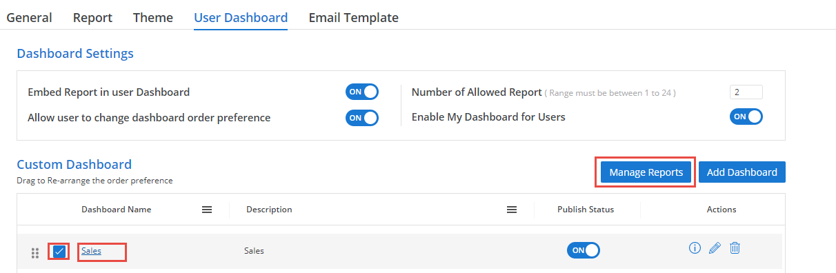 Manage Dashboard using check box and link