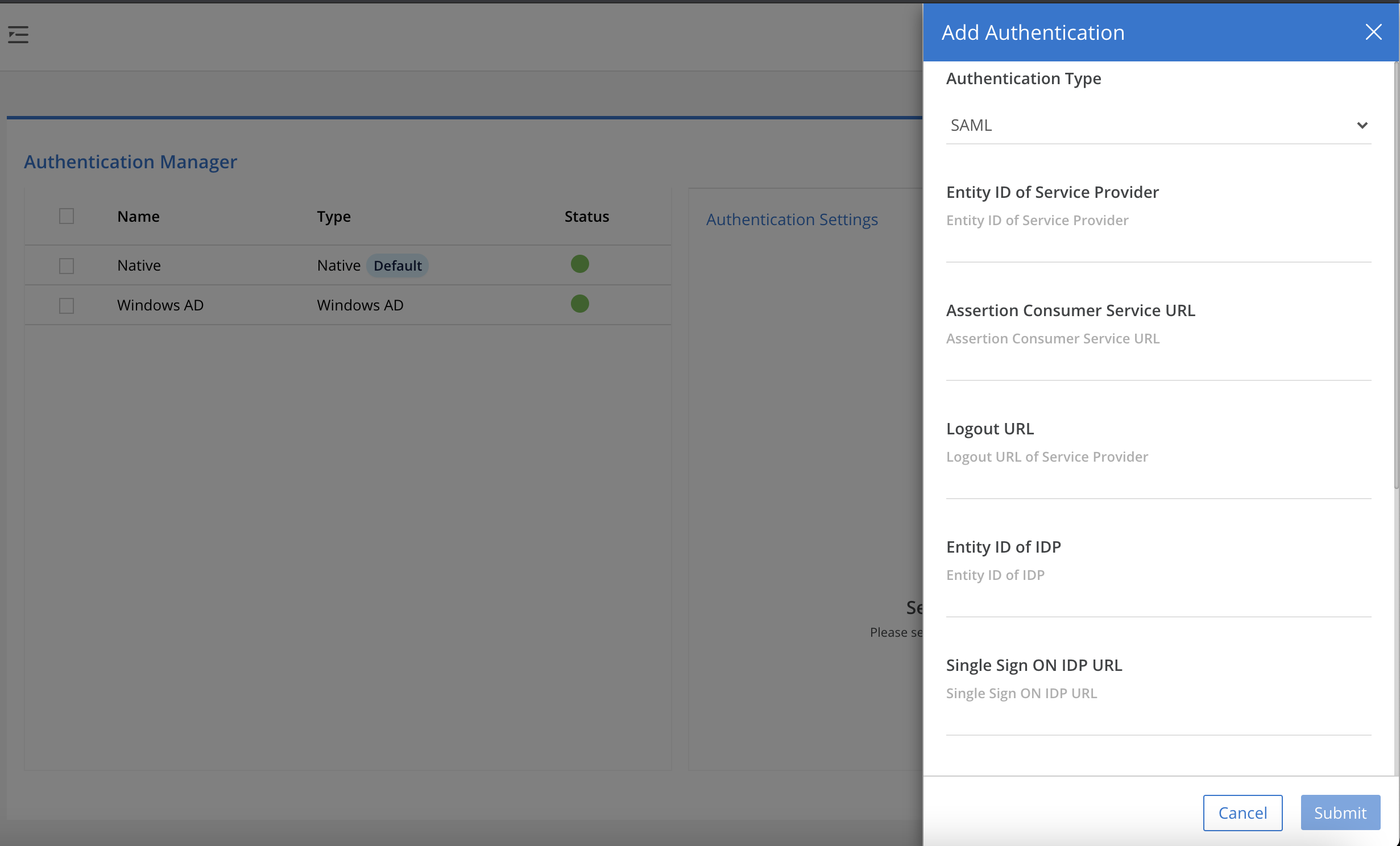 Authentication Manager Menu