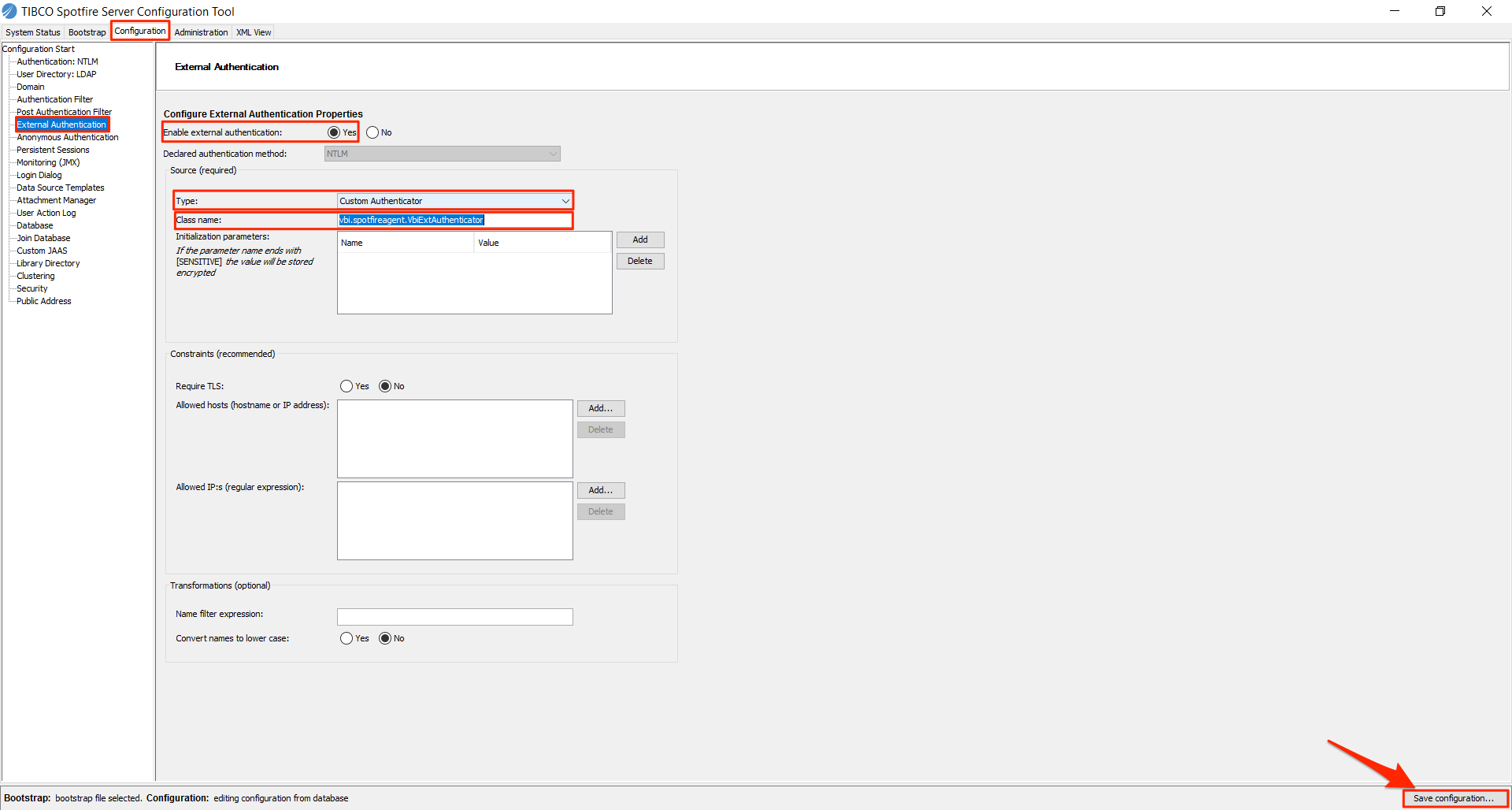 Enable External Authentication and configure