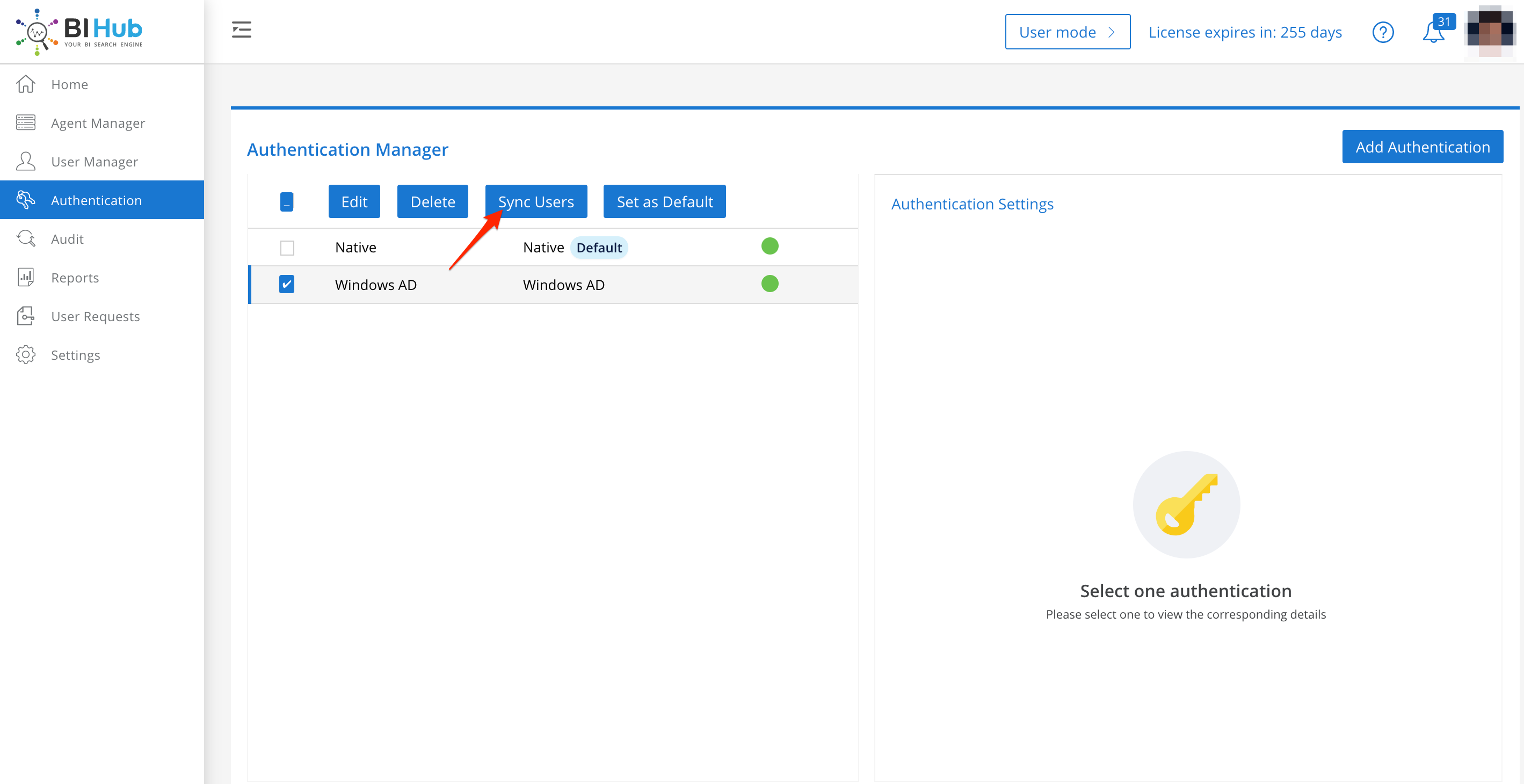 Authentication Manager Menu