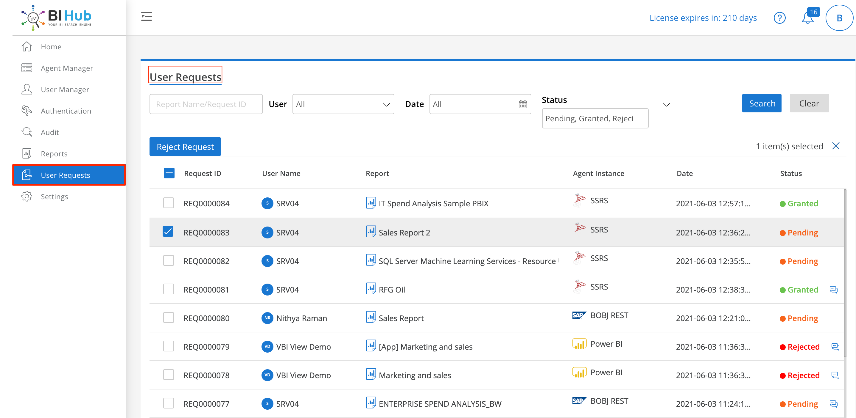 Users requests access on the reports summary