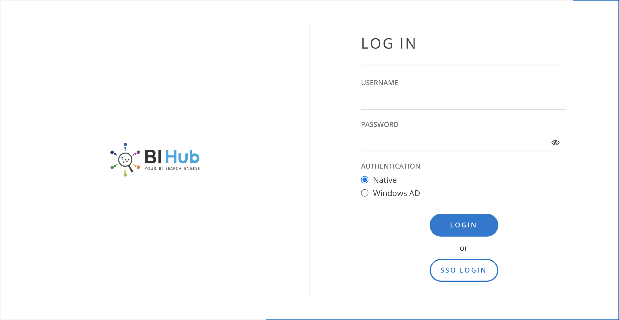 BI Hub Log-in screen