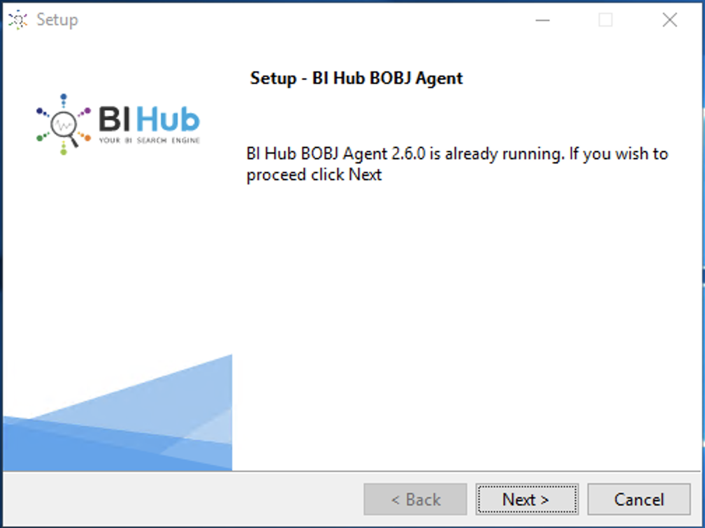 Upgrade BI Hub setup screen