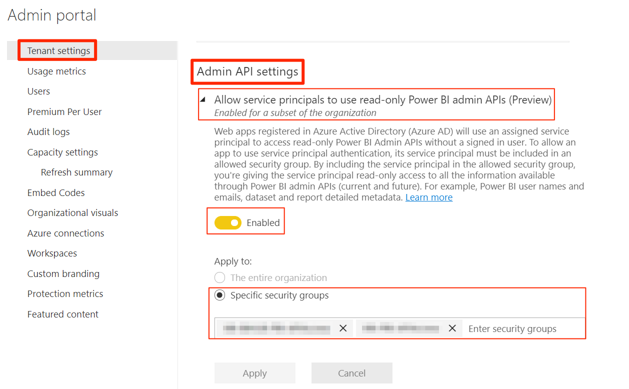 Power BI Admin portal Menu