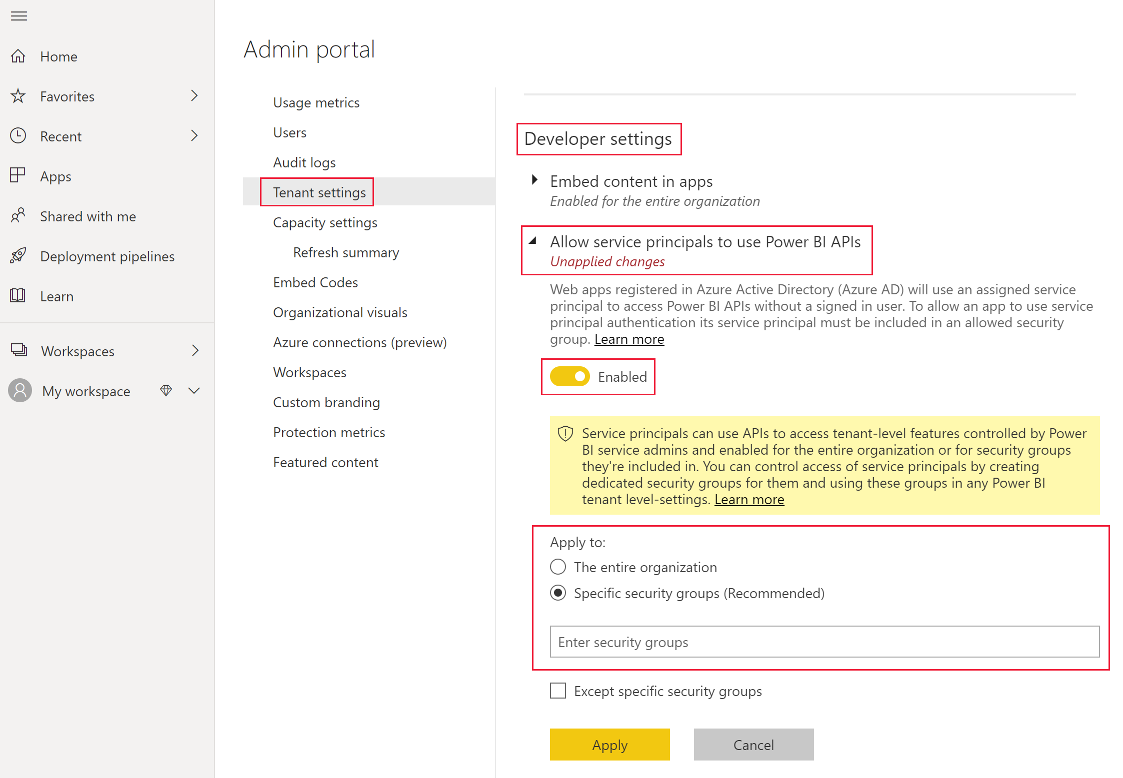 Power BI Admin portal Menu